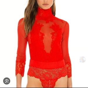 NWT-We Are HAH Free People Red Lace Long Sleeve Bodysuit $148USD